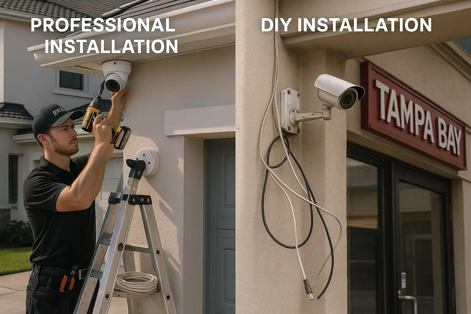 Professional CCTV installation by Prime Protection LLC compared to DIY camera setup in a Tampa Bay home